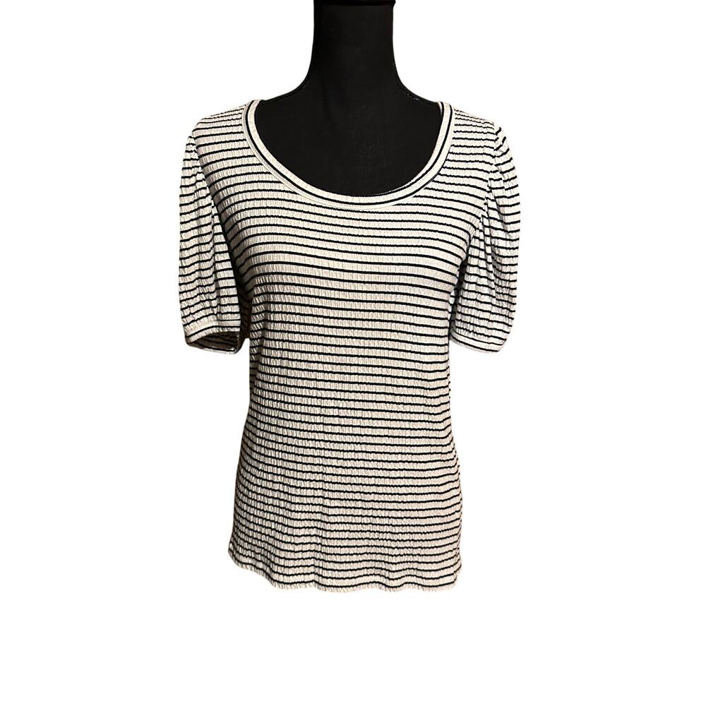LOFT Women’s Medium White & Black Striped Ribbed Puff Sleeve Top